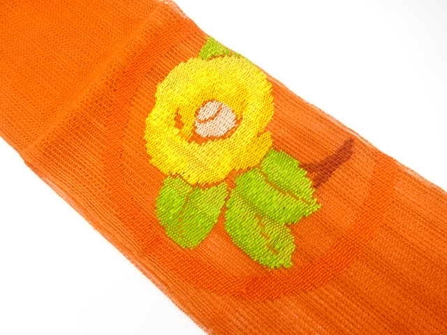 羅　椿模様織り出し　名古屋帯